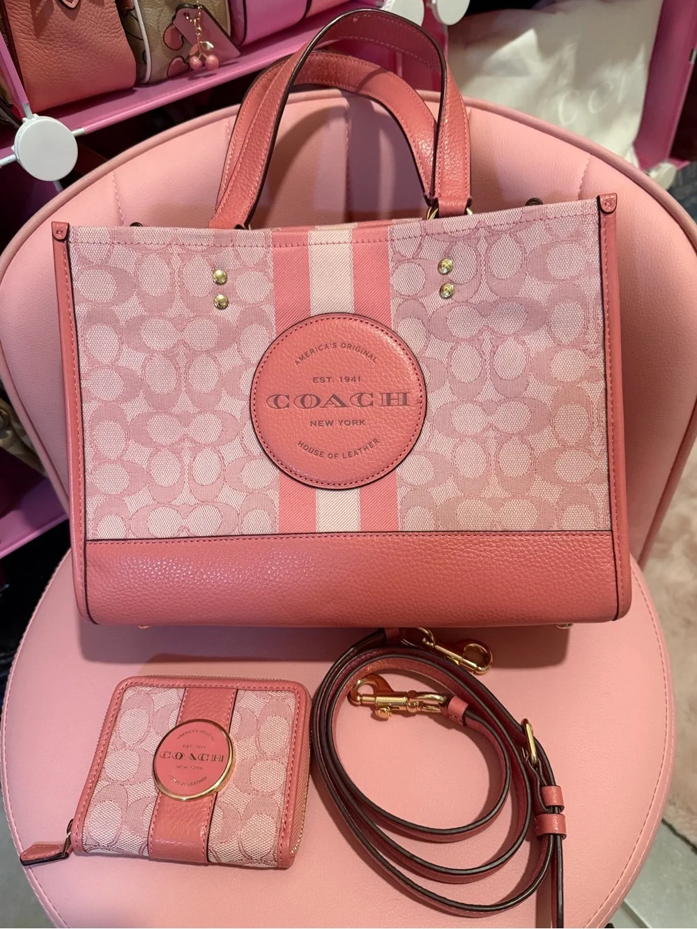 Coach Pink Signature Stripe Tote with Wallet and Strap